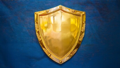 A golden shield with ornate details, stands out against a blue background.