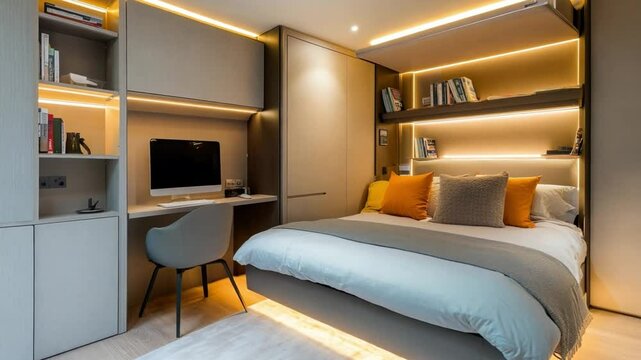 Modern compact bedroom with stylish lighting and workspace in a contemporary apartment