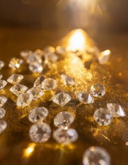 Sparkling diamonds scattered on a golden surface, reflecting the light.