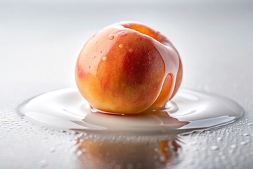 A close-up shot of a single drop of dripping peach slime landing on a smooth white surface, with the surrounding area slightly blurred, surface tension, isolated, impact, white background