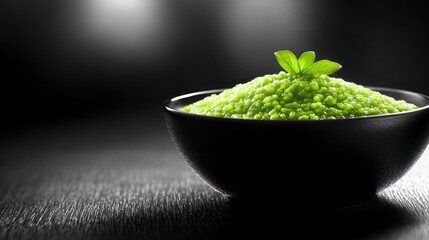 A bowl of green pea risotto with a sprig of basil on top.