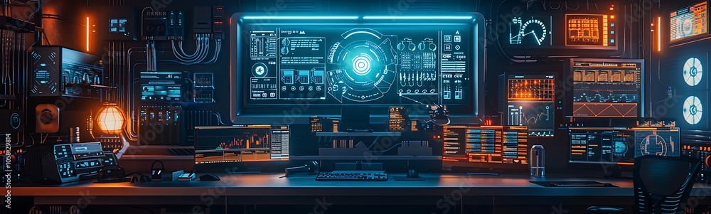 Poster A high-tech workspace featuring glowing screens, futuristic gadgets, and dynamic lighting, ideal for advanced computing and digital creativity.