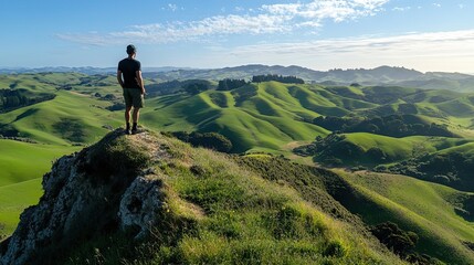 Obraz premium A lone hiker on a cliff overlooking a valley with rolling green hills and a blue sky with white clouds