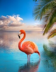 Fototapeta premium A vibrant pink flamingo stands gracefully in the shallows of a tropical lagoon, its reflection shimmering on the turquoise water.