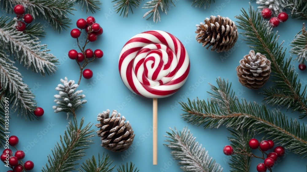 Poster a large candy cane lollipop with red and white stripes is placed on a blue background. the lollipop 