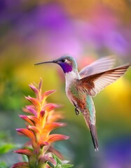 Fototapeta premium A vibrant hummingbird hovers near a bright orange flower, its wings blurred in motion.