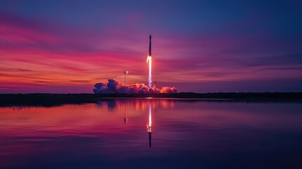 Serene Rocket Launch at Dawn with Colorful Skies