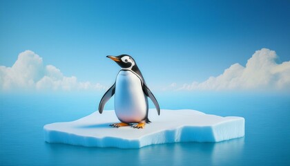 Fototapeta premium A penguin stands on a small iceberg, looking out at the vast blue ocean and sky.