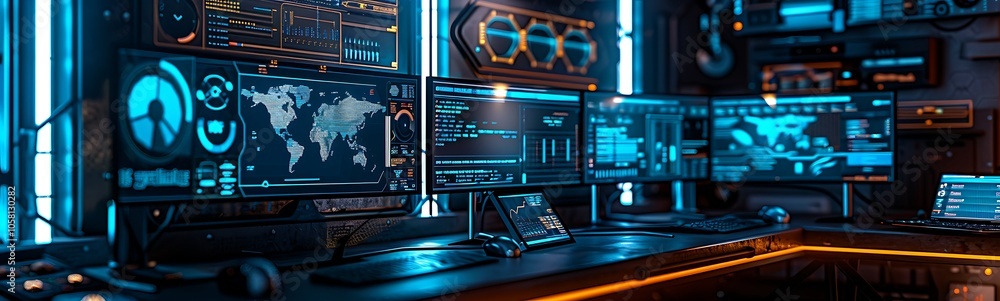 Poster a high-tech control room featuring multiple screens displaying data, maps, and graphics, illuminated