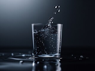 A glass of water with droplets splashing and rippling, set against a moody dark background, symbolizing clarity, motion, and refreshment