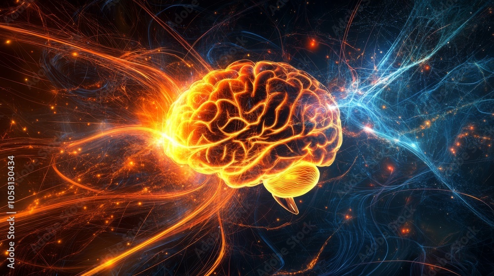 Leinwandbilder Brightly colored brain activity illustrates the complex networks of neural pathways in a dynamic display, showcasing the brain's energy and connectivity against a dark, cosmic backdrop.