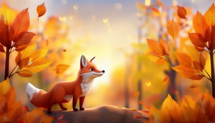 A cute fox stands in a forest surrounded by autumn leaves.