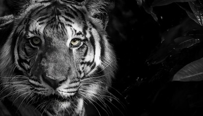 Close-up of a tiger's face, showing its sharp eyes and striped fur. The tiger is captured in a black and white photo, creating a dramatic and intense image.