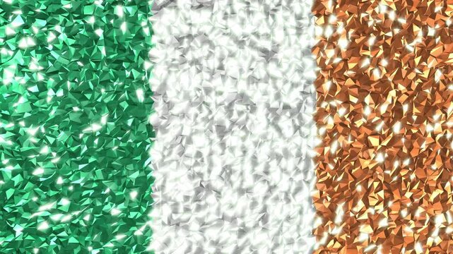 Sparkling Flag of Ireland in a dazzling 3D loop. The Irish flag shines with brilliant texture, perfect for patriotic backgrounds, national pride, and celebration themes.