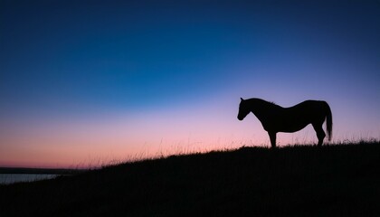 Silhouette of a horse standing on a hilltop at sunset.