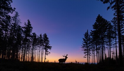 Silhouette of a stag standing in a forest at dusk with a vibrant purple sky.