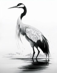Obraz premium A black and white illustration of a crane standing in a shallow body of water.