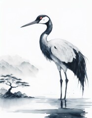 Obraz premium A watercolor painting of a crane standing in a lake with a lone tree in the background.