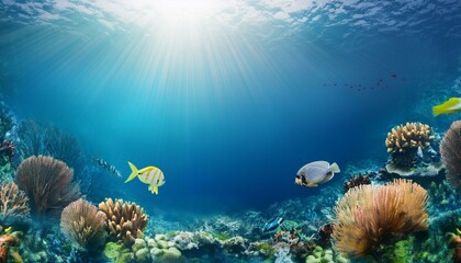 Obraz premium Sunlight streams through the crystal-clear water, illuminating a vibrant coral reef teeming with colorful fish.