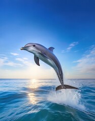 A dolphin leaps out of the water with a splash, against a bright blue sky.