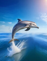 Fototapeta premium A dolphin leaps out of the water against a bright blue sky.