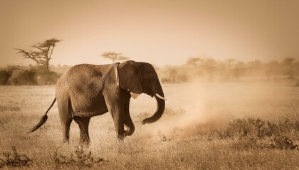 Naklejka premium A lone elephant kicks up dust in the savanna, its trunk raised high in the air.
