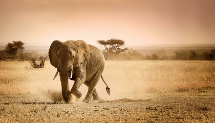 A large elephant runs through the African savanna, kicking up dust as it moves.
