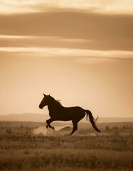 A black horse runs through a field at sunset, its silhouette stark against the golden sky.