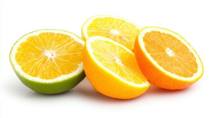 Vibrant freshly sliced citrus fruits displayed on a clean white background for a refreshing visual appeal