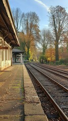 Obraz premium Serene Vintage Railway Station with Tracks in Autumn Light