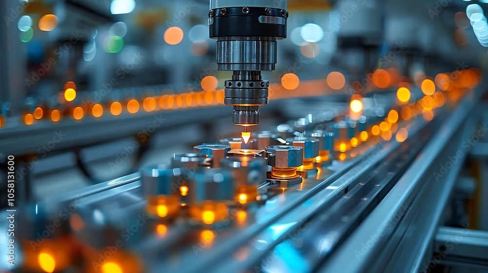 Poster a high-tech manufacturing line features a precision tool illuminating materials with orange lights, 