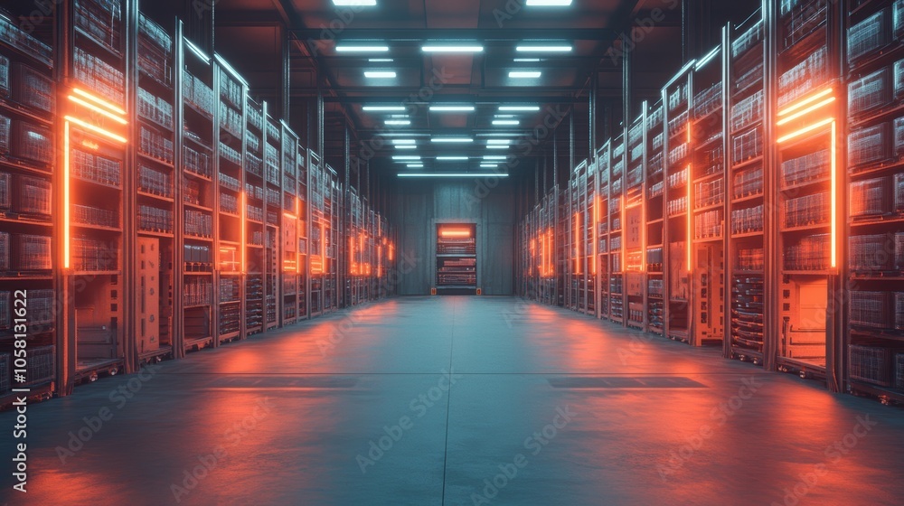 Poster exploring a futuristic low-poly structure of fully automated technology in a high-tech environment