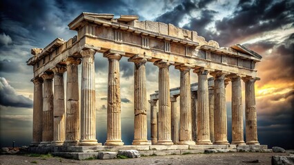 Obraz premium Ancient Greek temple ruins with crumbling columns on a silver background, decay, marble, forgotten, architecture