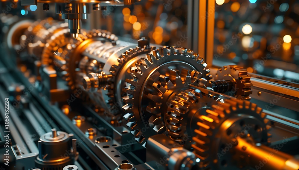 Poster a detailed view of intricate gears and machinery with a metallic finish, illustrating precision engi
