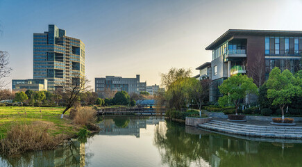 Urban Oasis with Modern Glass Buildings and Lake Views