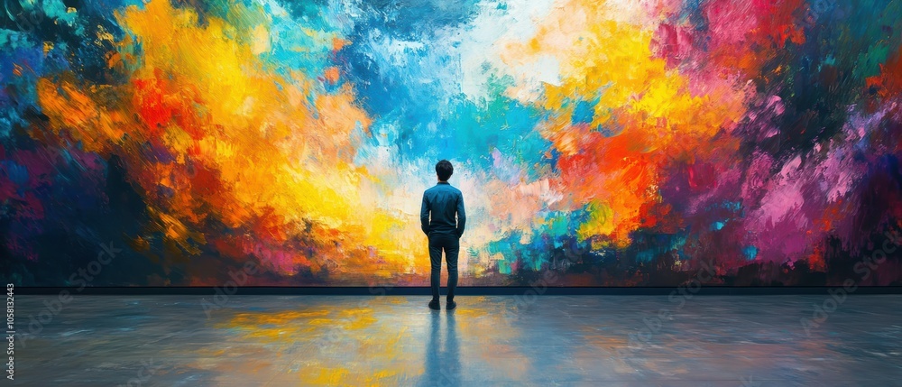Poster exploring the creative process a four-taking artist immersed in abstract canvas art in a vibrant stu