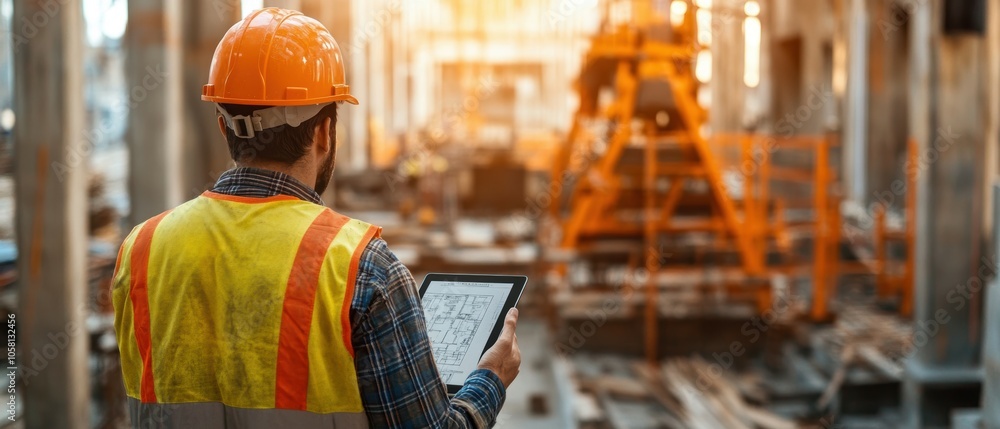 Poster construction worker with tablet on site modernizing building practices with technology
