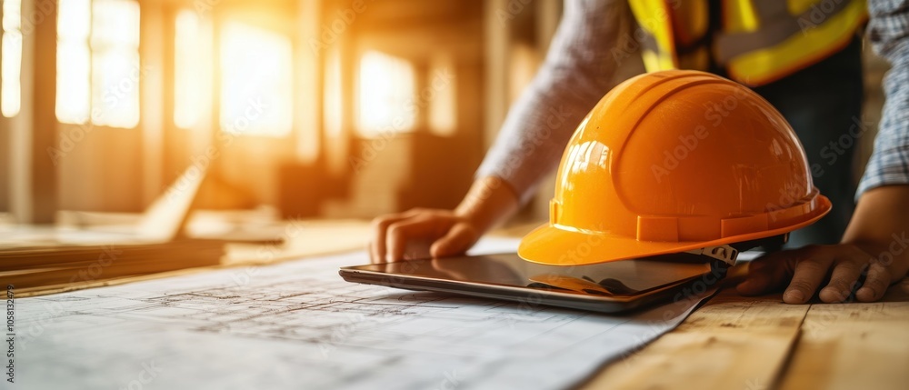 Aufkleber construction worker with hard hat using tablet on blueprints for project management and planning in 