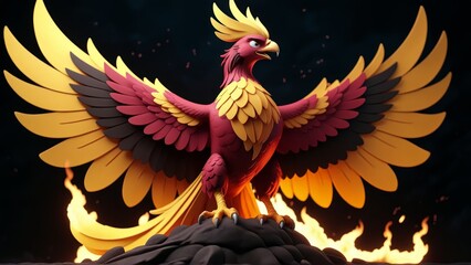 Obraz premium Majestic phoenix with vibrant feathers and flames on a dark background