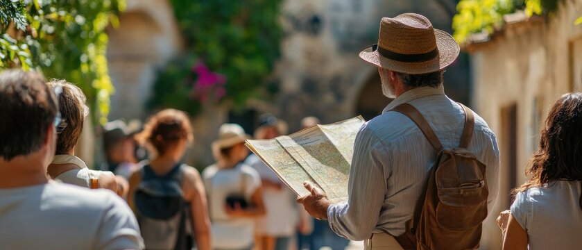 Engaging tour guide explains historical landmarks with a detailed map in a vibrant outdoor setting
