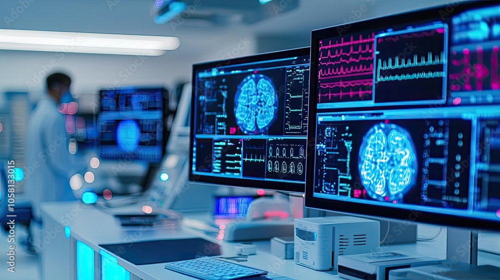 Aufkleber high-tech medical laboratory with monitors displaying brain scans and patient data.