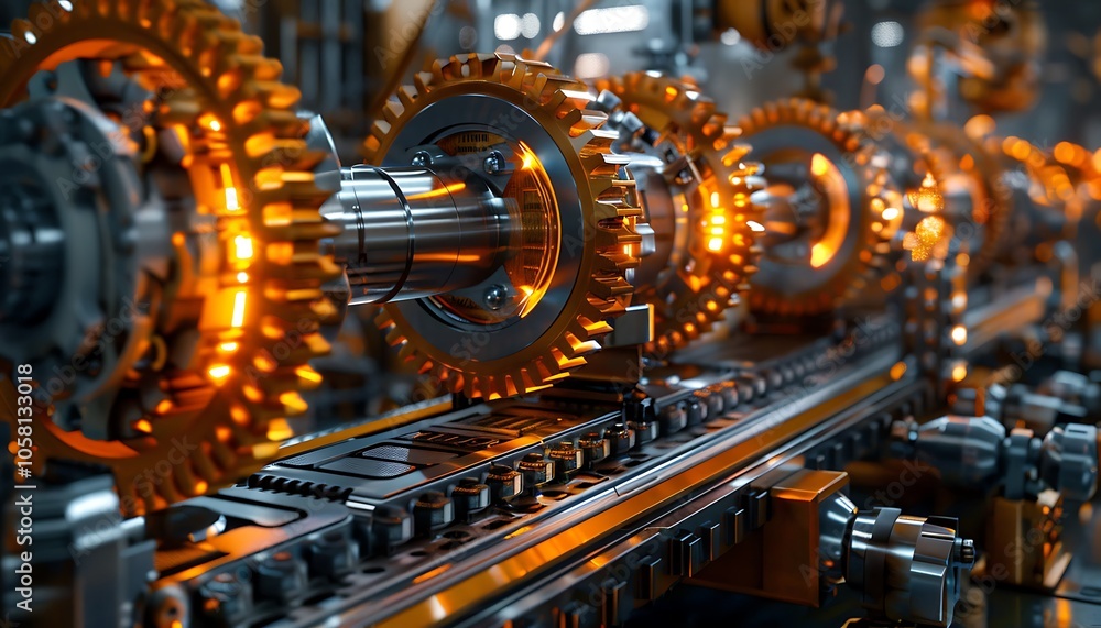Poster A close-up of intricate mechanical gears with glowing edges, showcasing advanced technology and precision engineering in a dynamic industrial setting.