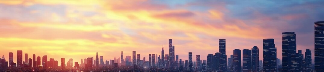 Fototapeta premium City skyline at sunset with illuminated road and moving cars, vibrant colors.