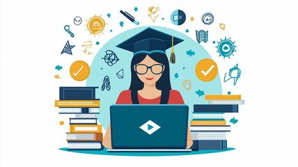  A girl with  glasses, and a graduation cap is seated at a laptop, surrounded by stacks of books, . Icons representing various academic symbols are visible - online learning concept