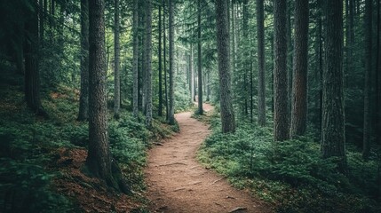 Naklejka premium A Winding Path Through a Dense, Evergreen Forest