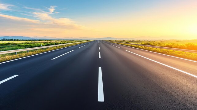Empty highway under a vibrant sunset against a clear sky.