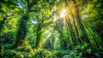 Fototapeta premium Dense foliage and towering trees cover the landscape, with sunlight filtering through the leaves in dappled patterns, forest, forest floor, leafy, canopy