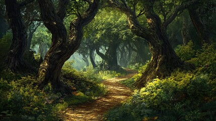 Naklejka premium A Sunlit Path Winding Through a Lush, Dense Forest