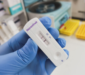 Norovirus Test Rapid Test Cassette in doctor hand. Norovirus gastroenteritis.