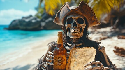 Fototapeta premium A pirate skeleton on a tropical beach holding a bottle of rum and a treasure map.